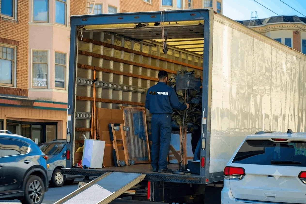 Équipe FLS Moving préparant des cartons pour un transport international